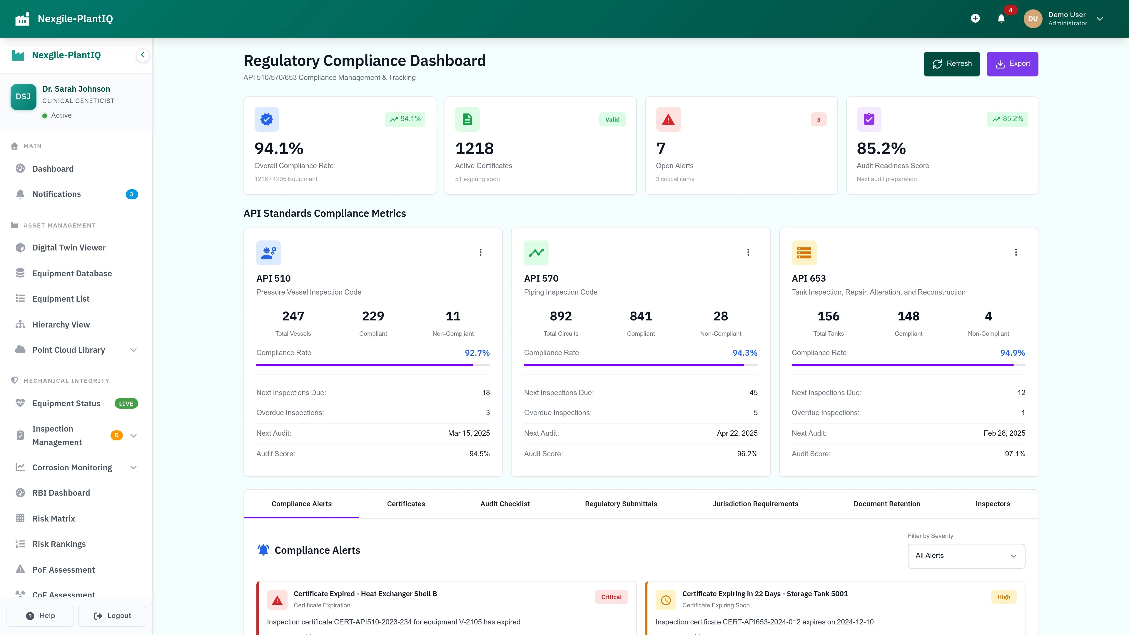 Illustrative preview (sample data, not verified outcomes): Compliance Dashboard - Equipment compliance monitoring and regulatory tracking interface