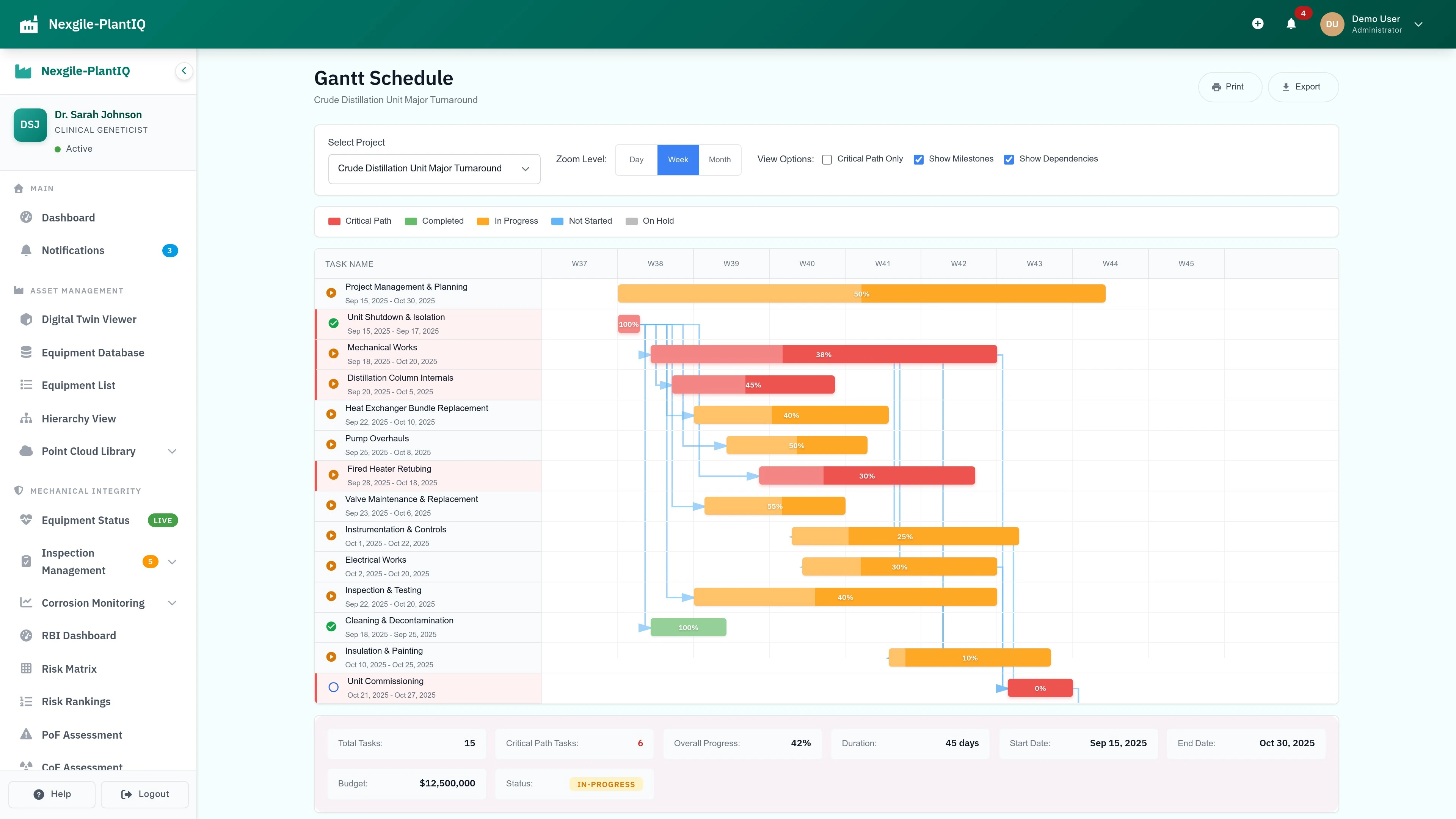 Illustrative preview (sample data, not verified outcomes): Turnaround Gantt Chart - Interactive project scheduling with critical path visualization