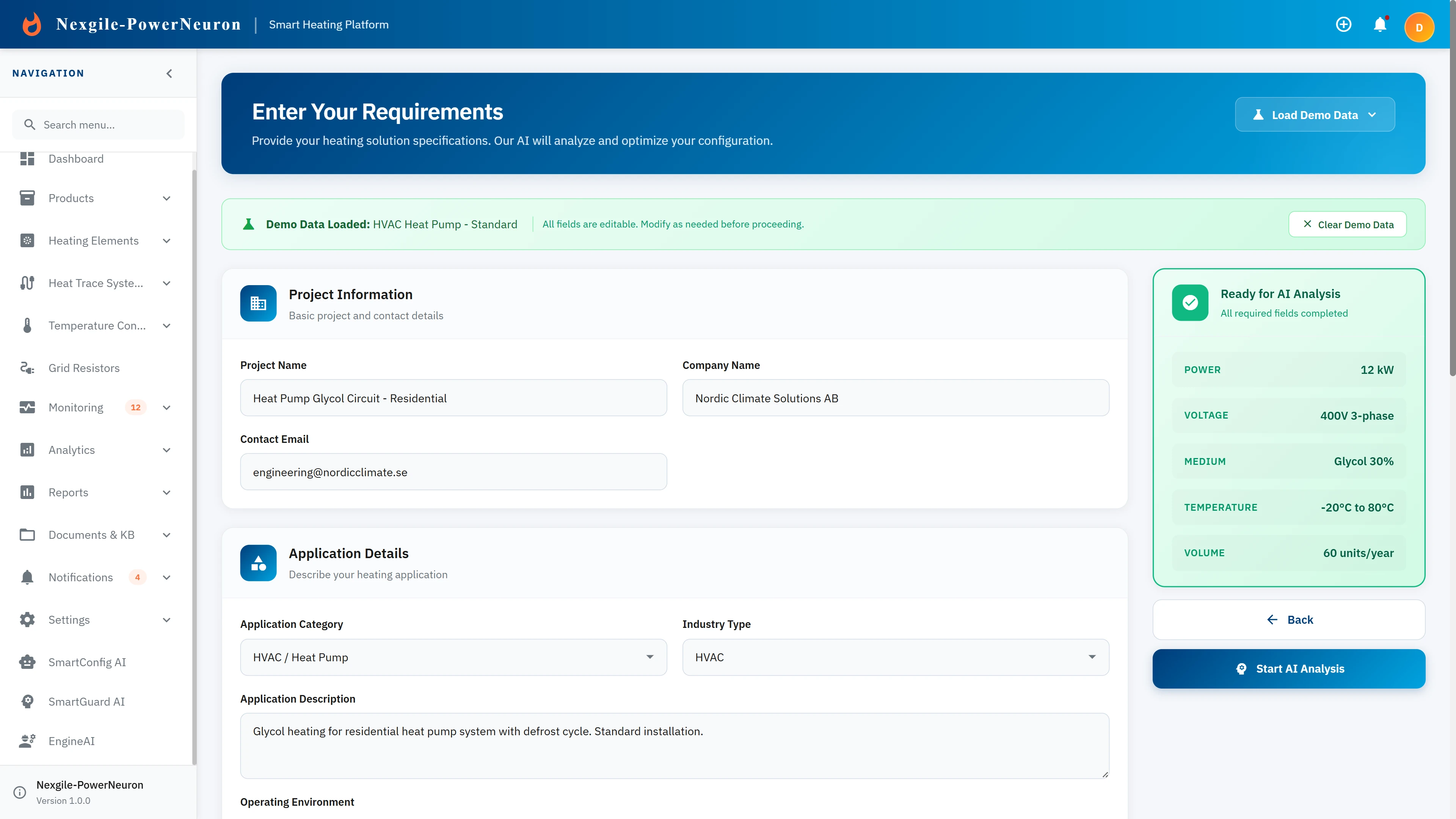 Illustrative preview (sample data, not verified outcomes): Requirements input form for heating solution configuration with AI analysis preview.