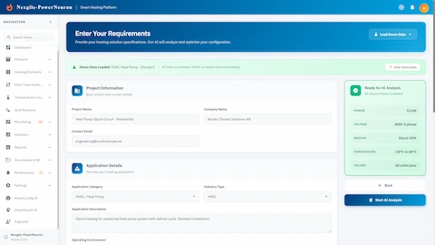 Illustrative preview (sample data, not verified outcomes): Requirements input form for heating solution configuration with AI analysis preview.