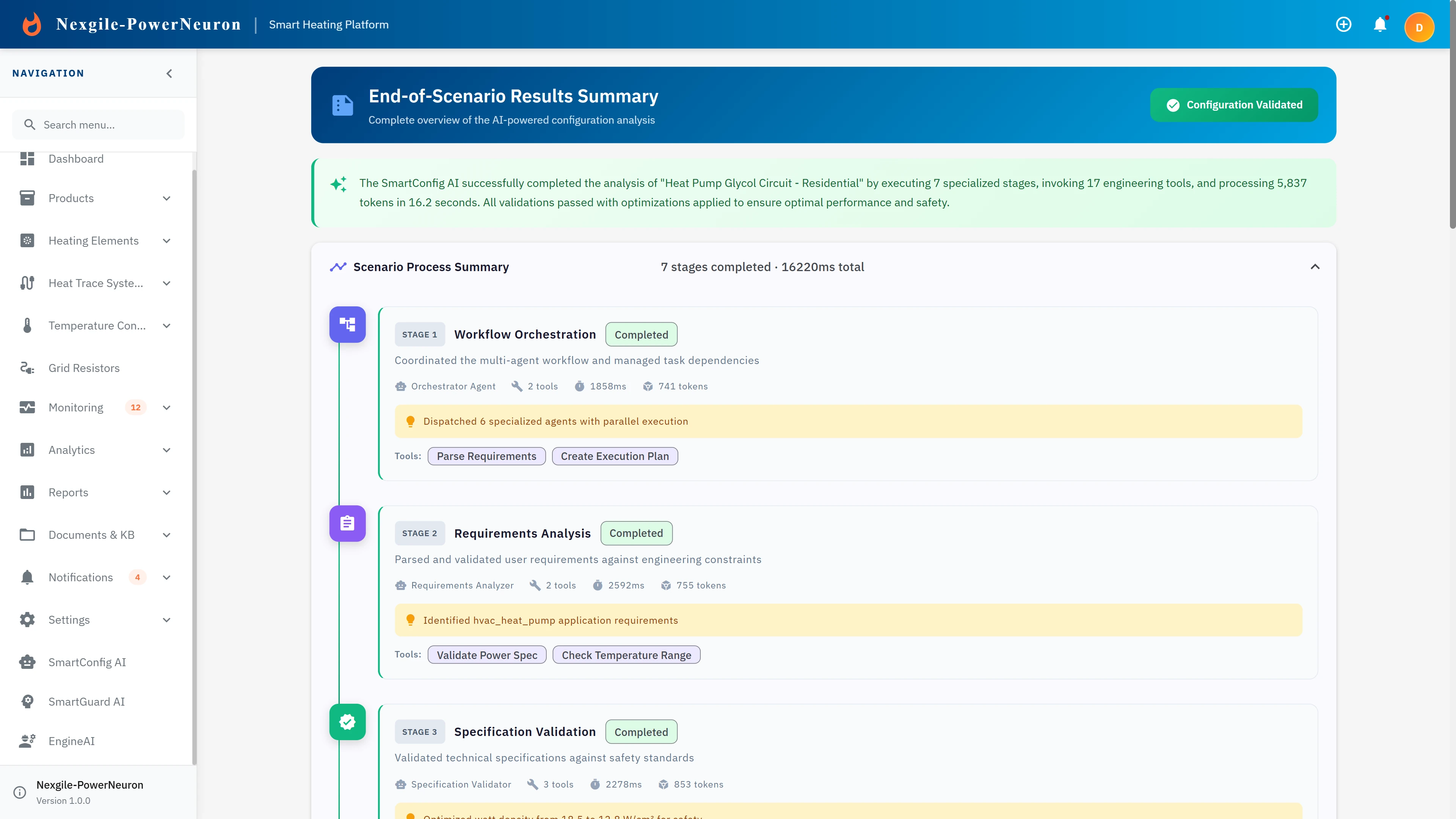 Illustrative preview (sample data, not verified outcomes): End-of-Scenario Results Summary showing completed workflow stages and metrics.
