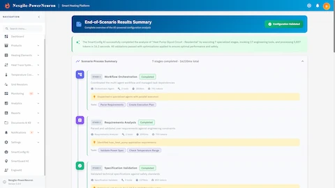 Illustrative preview (sample data, not verified outcomes): End-of-Scenario Results Summary showing completed workflow stages and metrics.