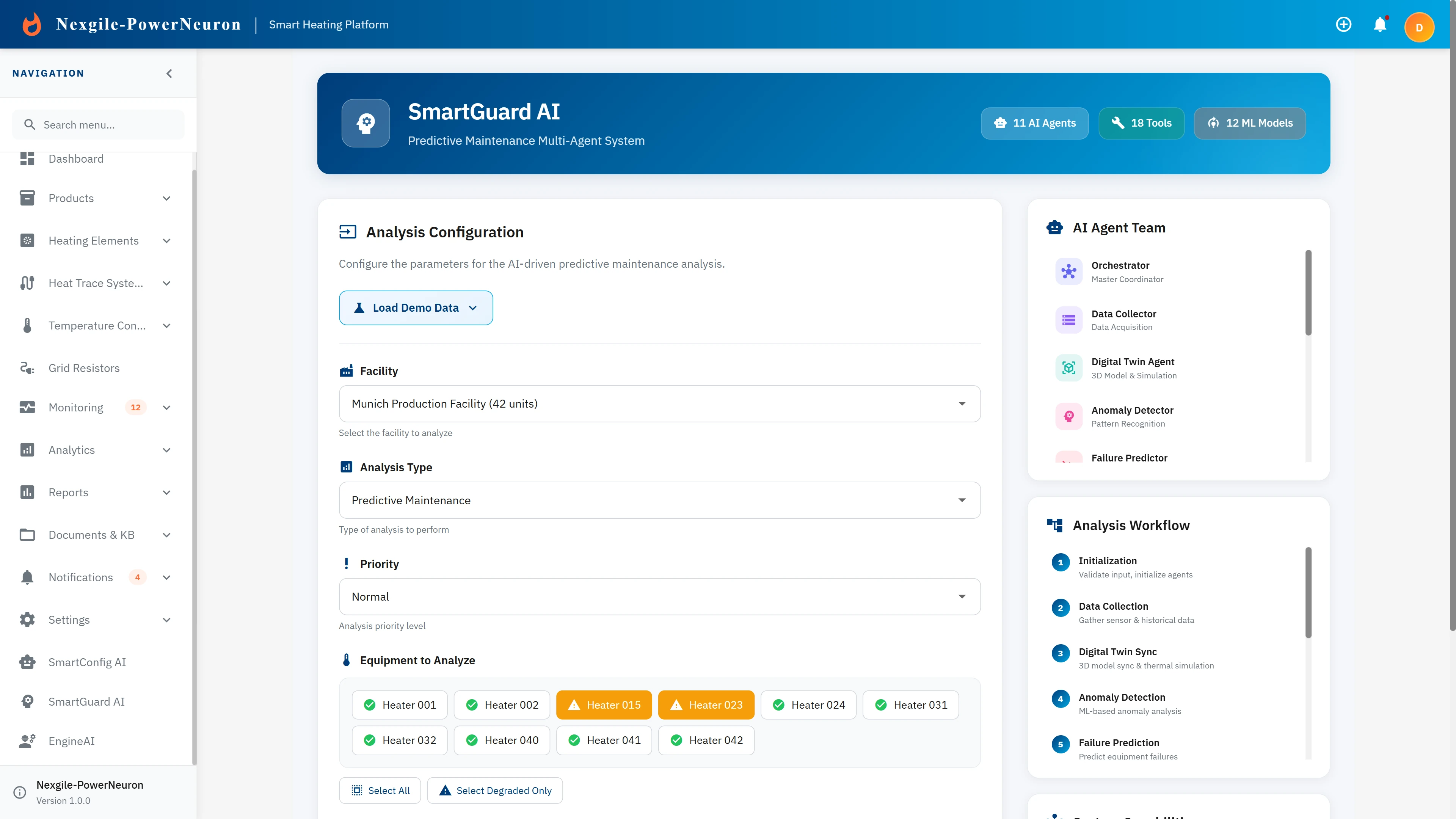 Illustrative preview (sample data, not verified outcomes): Analysis Configuration interface for predictive maintenance with facility and equipment selection.