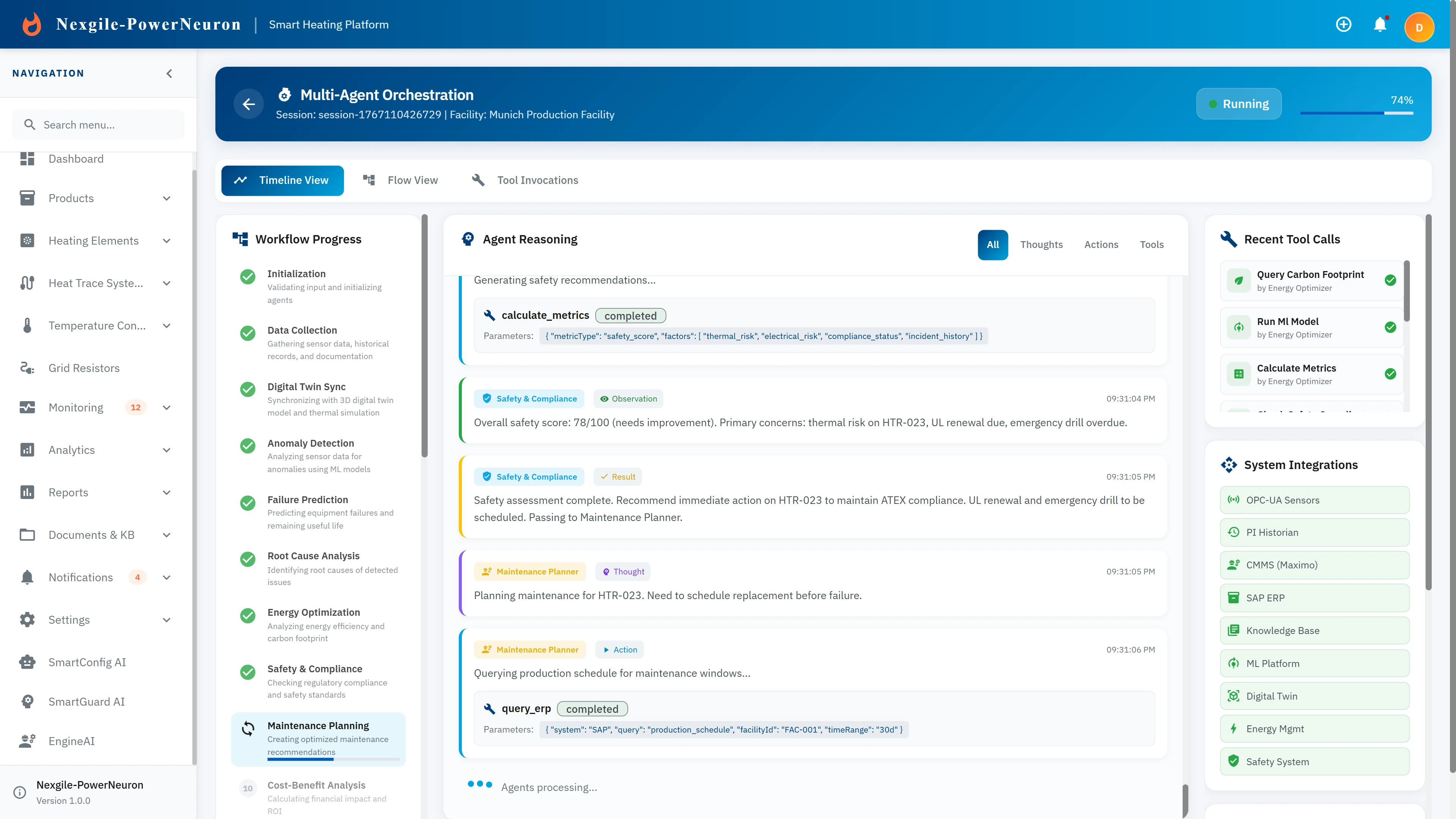 Illustrative preview (sample data, not verified outcomes): Multi-Agent Orchestration view with workflow progress and agent reasoning timeline.