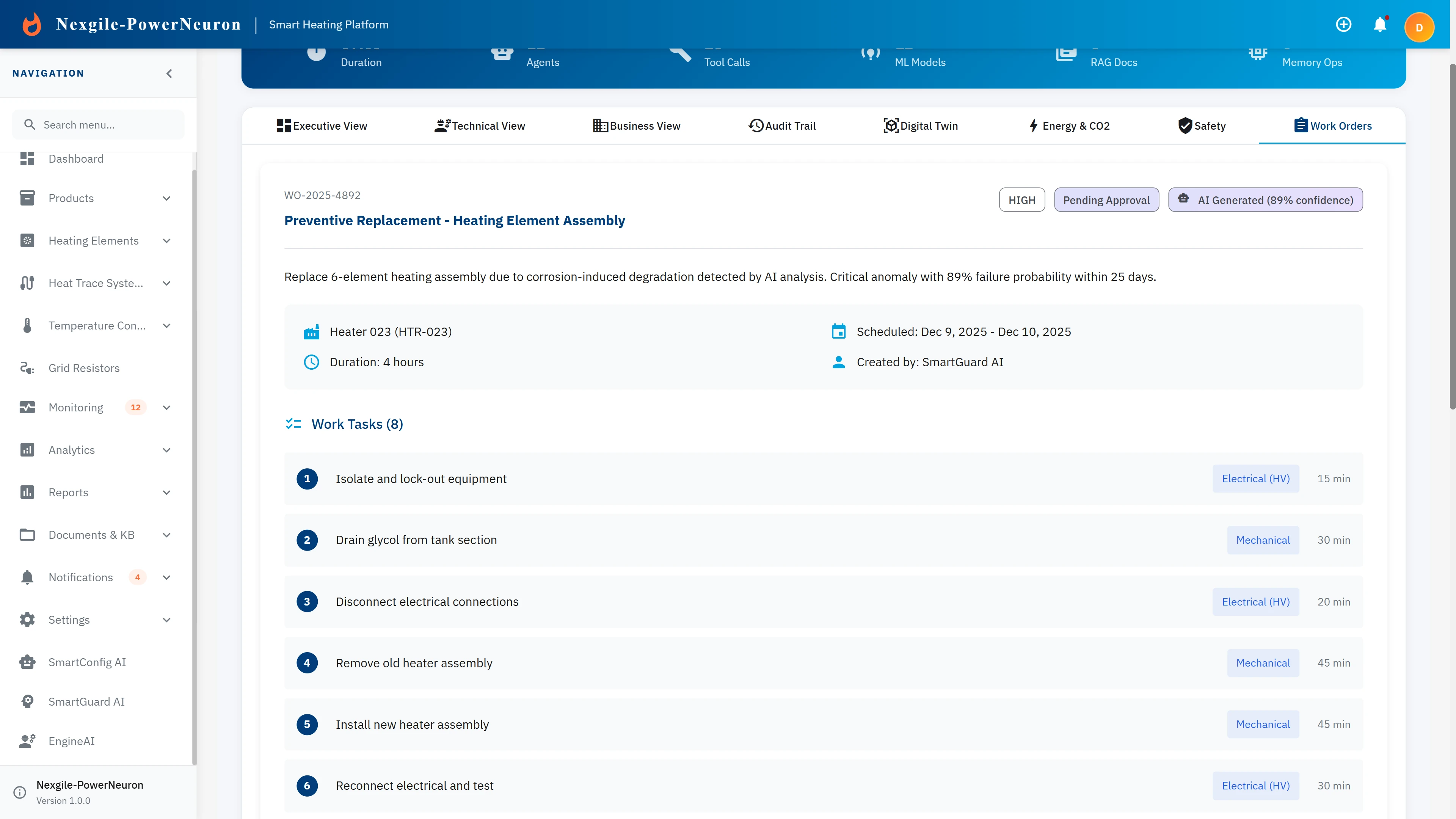 Illustrative preview (sample data, not verified outcomes): AI-generated Work Order with scheduled maintenance tasks and work instructions.