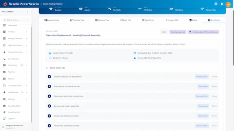 Illustrative preview (sample data, not verified outcomes): AI-generated Work Order with scheduled maintenance tasks and work instructions.
