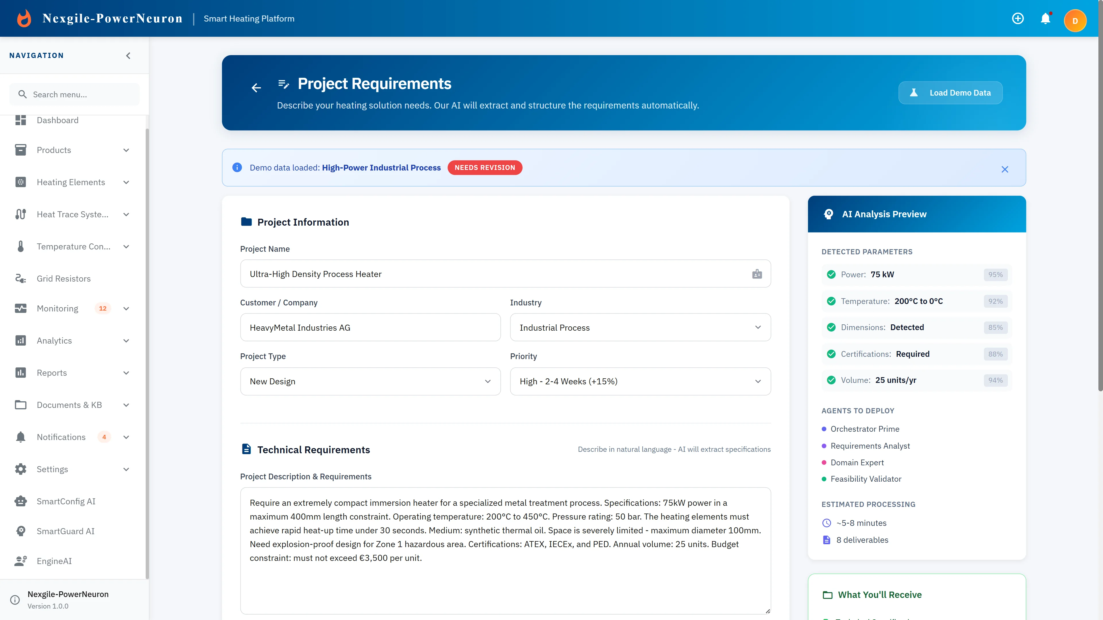 Illustrative preview (sample data, not verified outcomes): Project Requirements input form with natural language specifications and AI parameter detection.