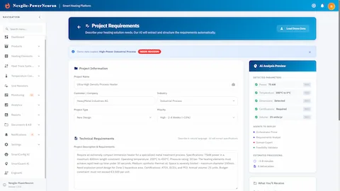 Illustrative preview (sample data, not verified outcomes): Project Requirements input form with natural language specifications and AI parameter detection.