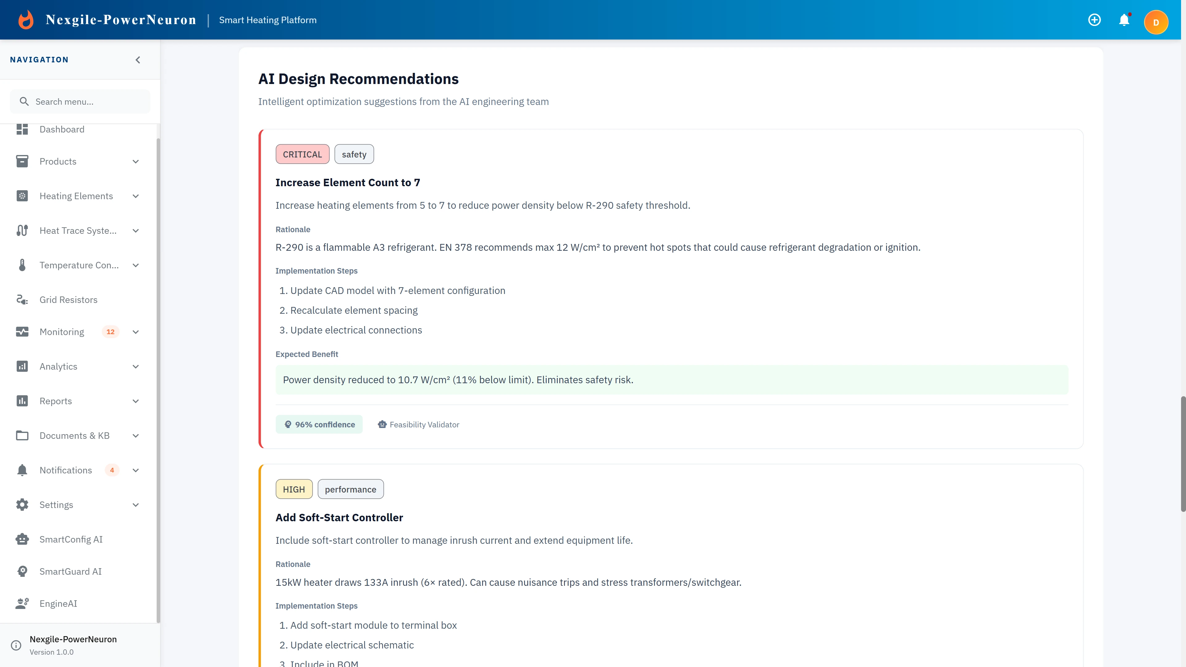 Illustrative preview (sample data, not verified outcomes): AI Design Recommendations panel with safety and performance optimization suggestions.