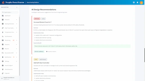 Illustrative preview (sample data, not verified outcomes): AI Design Recommendations panel with safety and performance optimization suggestions.