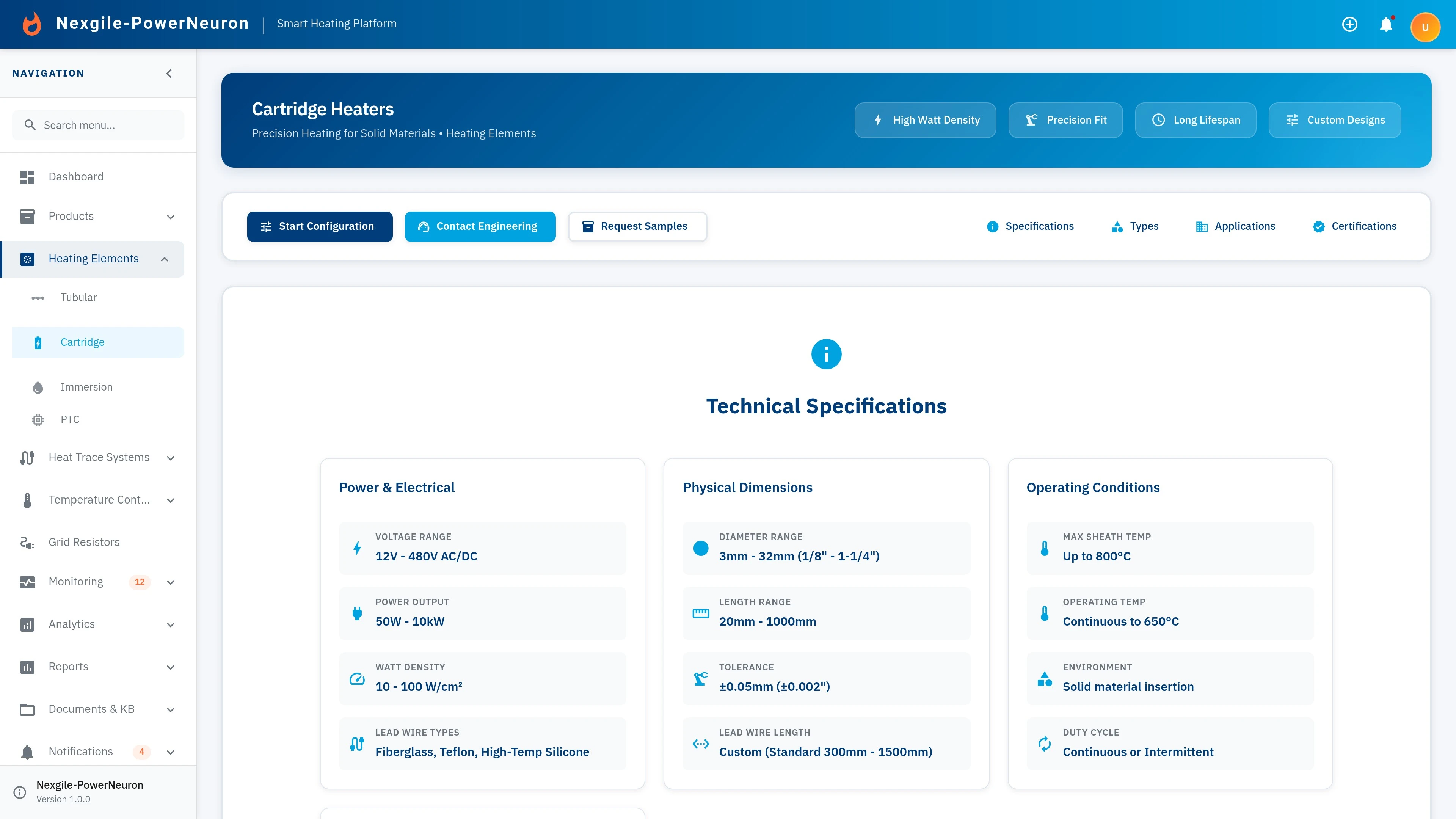 Illustrative preview (sample data, not verified outcomes): Cartridge Heating Elements Dashboard - Product catalog view showing cartridge heater specifications and configurations
