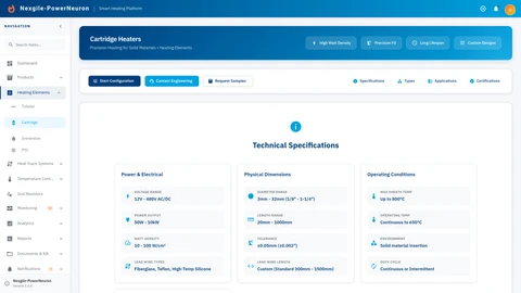 Illustrative preview (sample data, not verified outcomes): Cartridge Heating Elements Dashboard - Product catalog view showing cartridge heater specifications and configurations