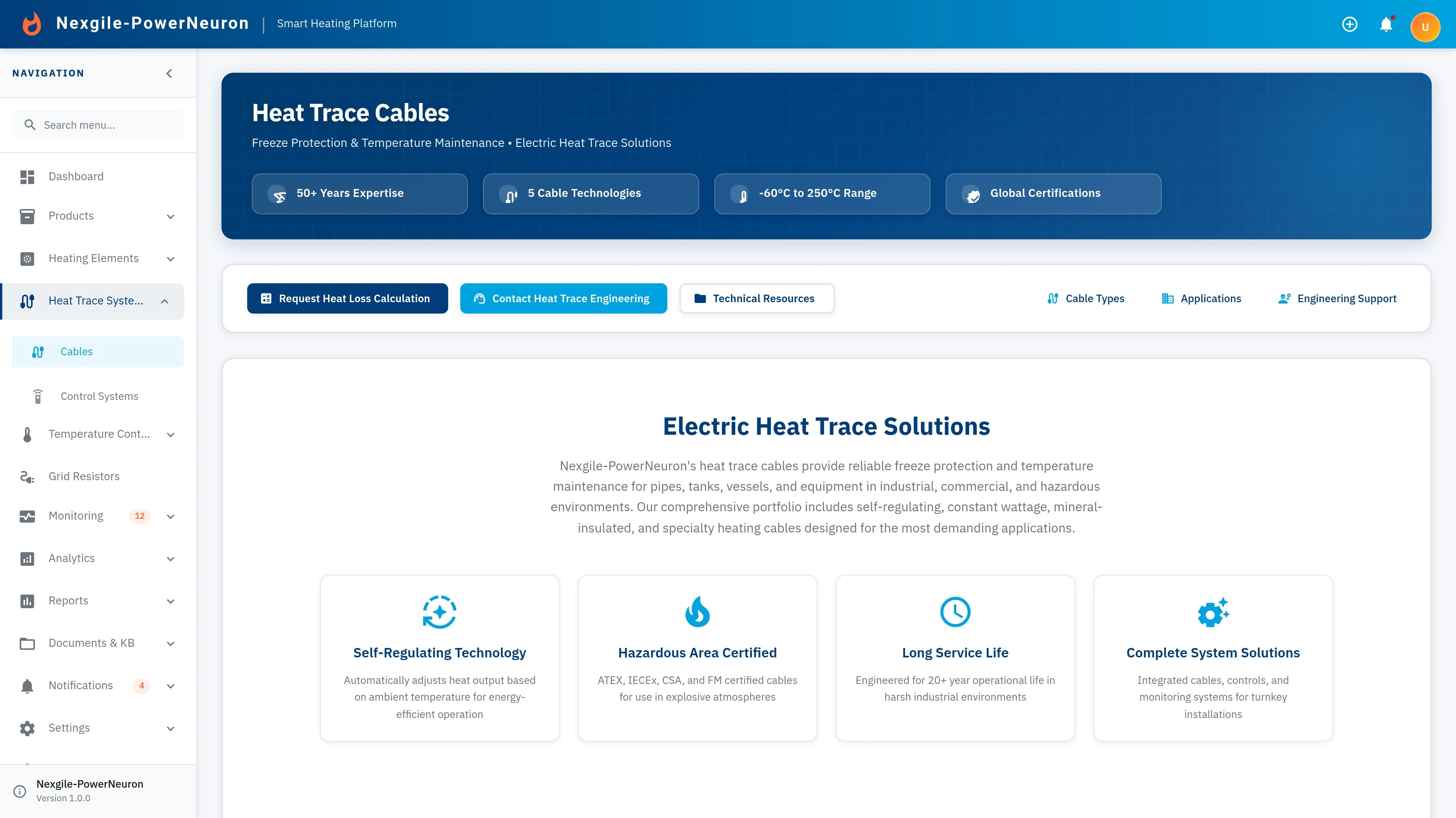 Illustrative preview (sample data, not verified outcomes): Heat Trace Cables Dashboard - Industrial heat tracing cable monitoring and management interface
