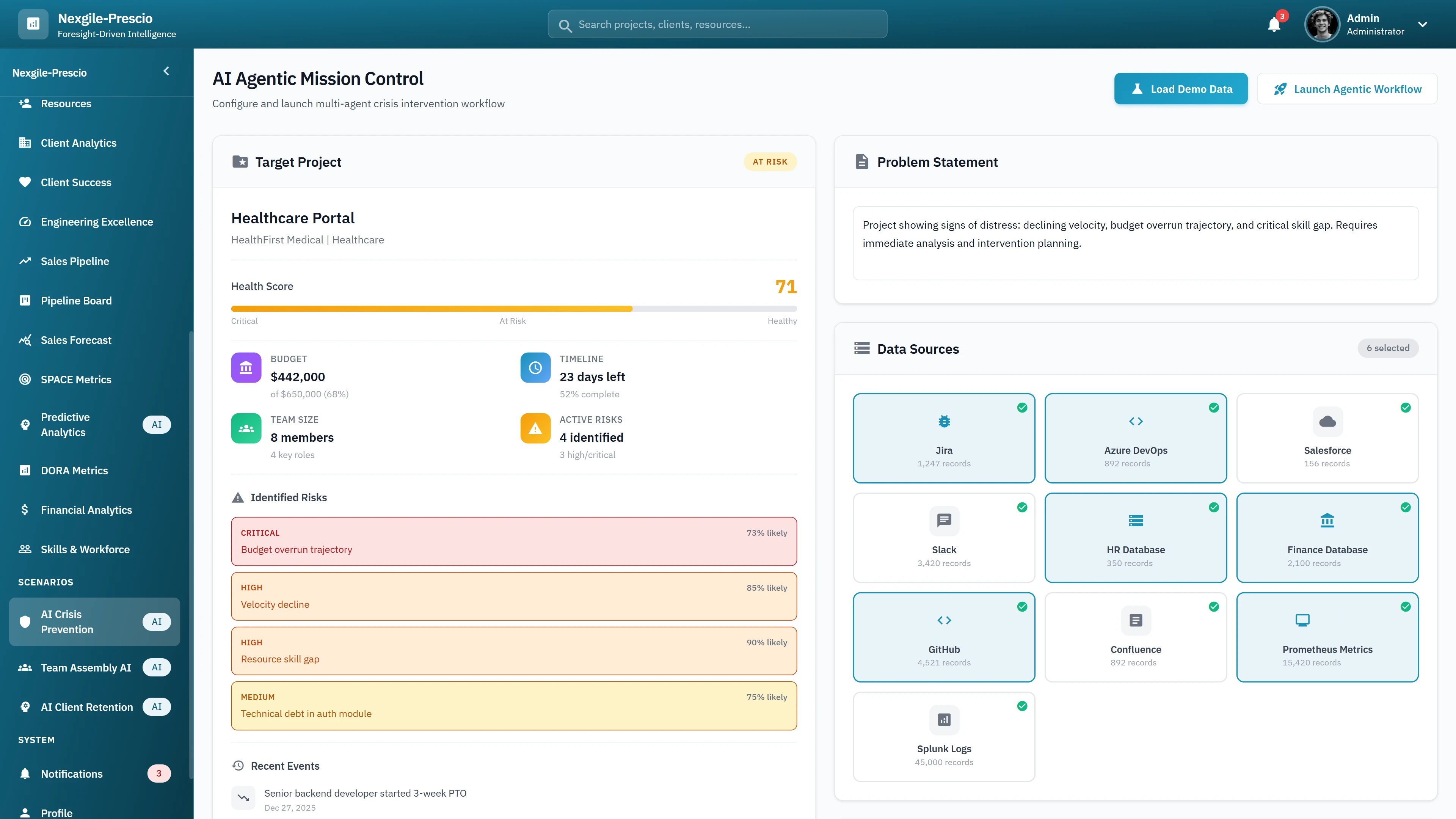 Illustrative preview (sample data, not verified outcomes): AI Agentic Mission Control - Configure target project with health score, budget tracking, identified risks, and connected data sources for crisis analysis