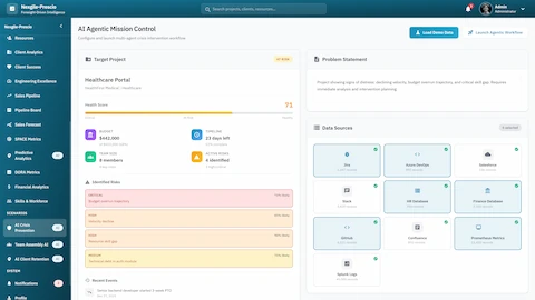 Illustrative preview (sample data, not verified outcomes): AI Agentic Mission Control - Configure target project with health score, budget tracking, identified risks, and connected data sources for crisis analysis