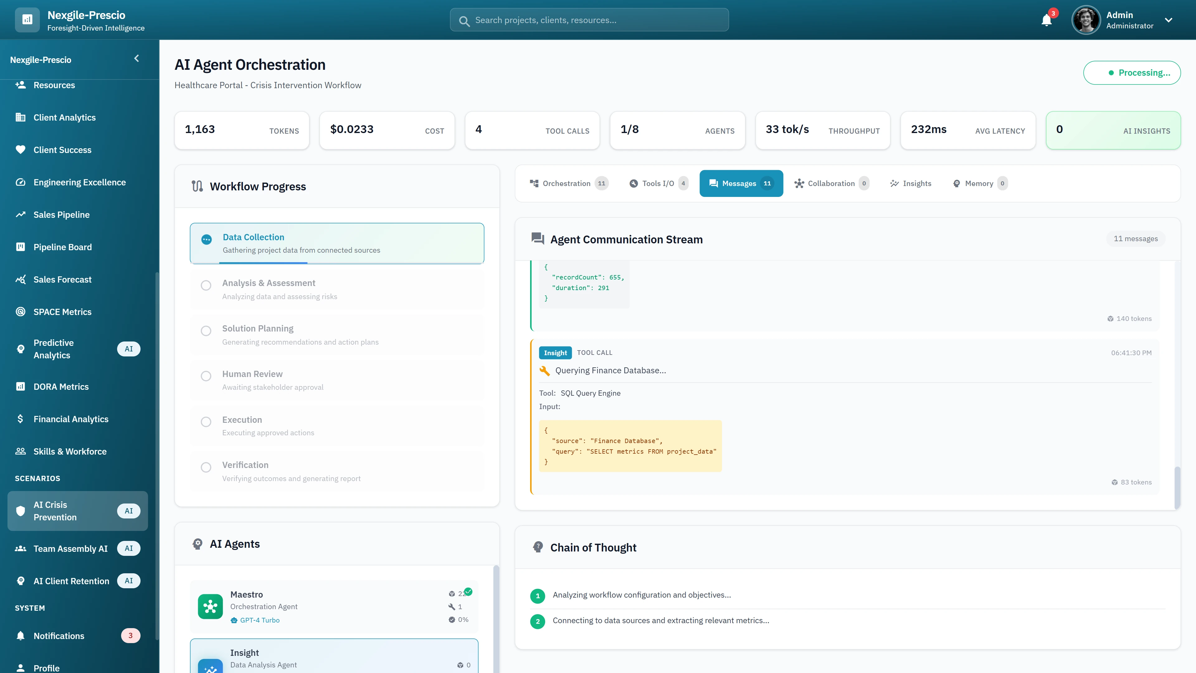 Illustrative preview (sample data, not verified outcomes): AI Agent Orchestration - Real-time workflow progress tracking with agent communication stream and chain-of-thought reasoning visualization