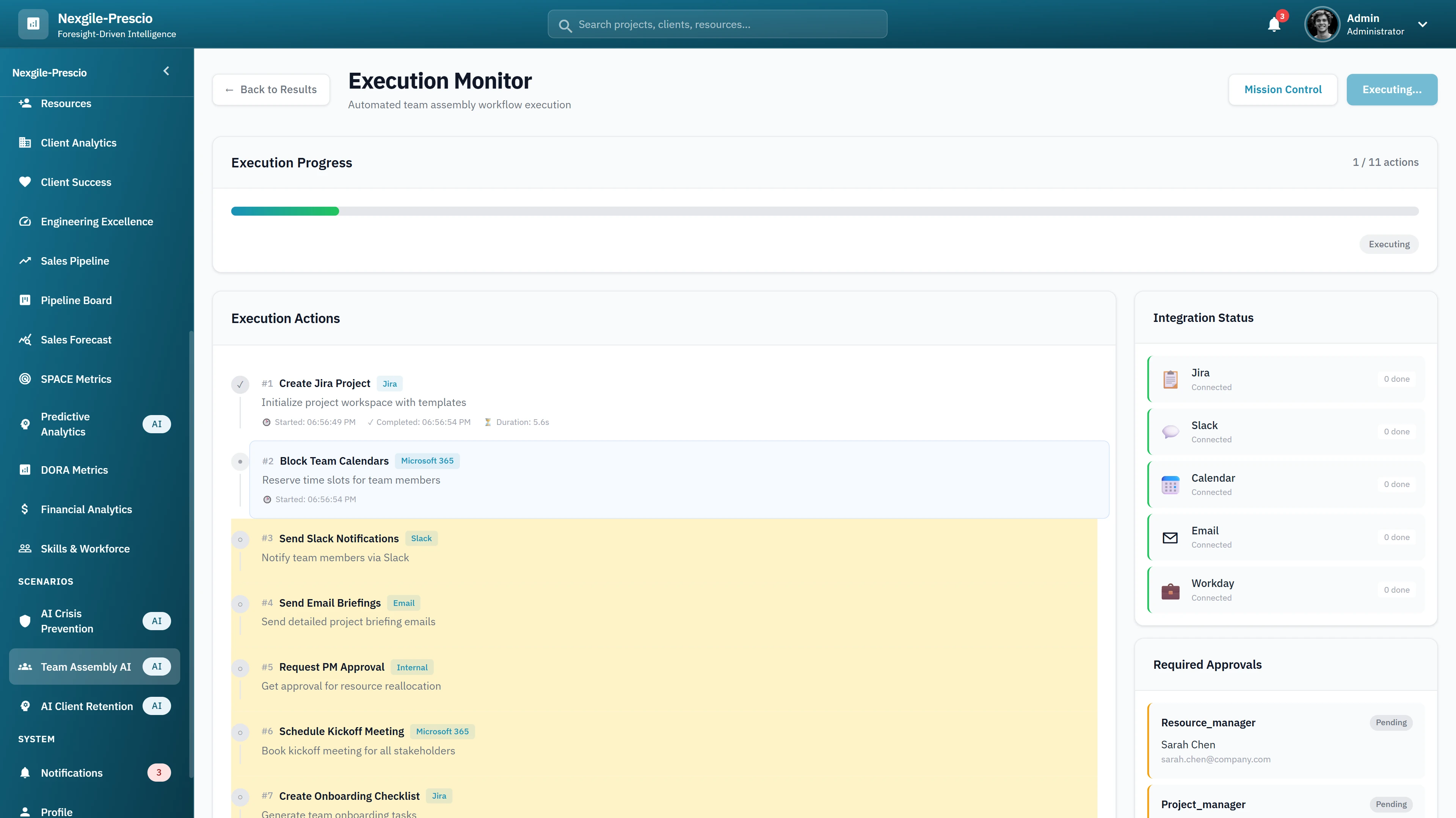 Illustrative preview (sample data, not verified outcomes): Execution Monitor - Automated team assembly workflow with integration status, required approvals, and real-time action execution tracking