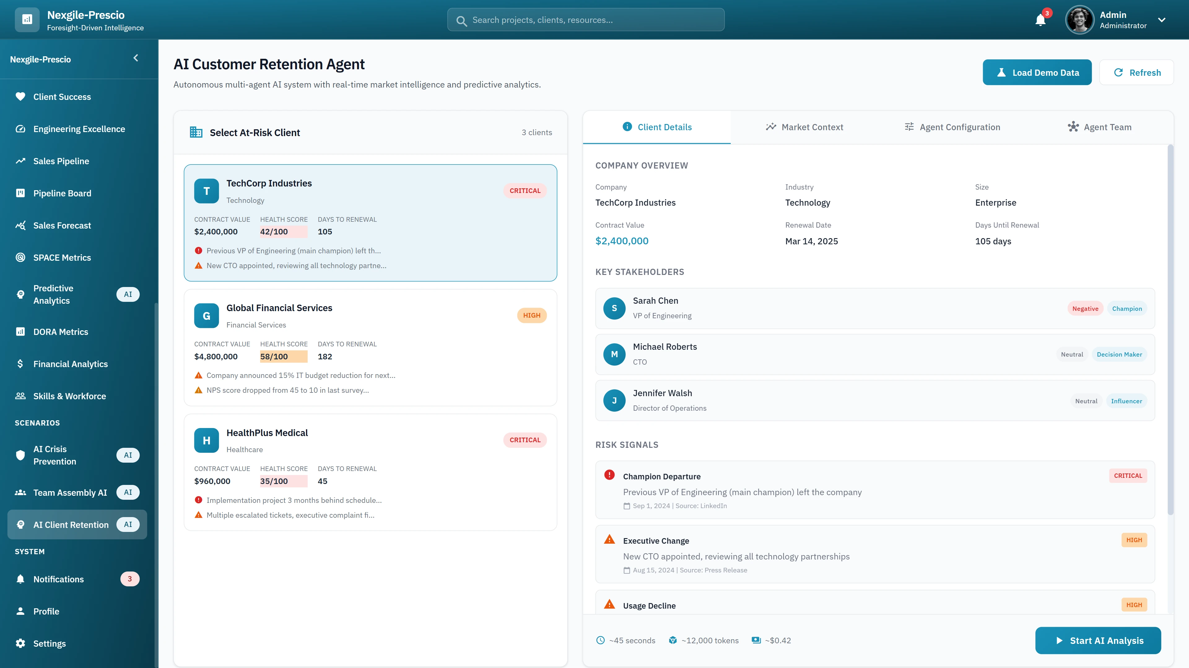 Illustrative preview (sample data, not verified outcomes): AI Customer Retention Agent - At-risk client selection with company overview, key stakeholders mapping, and risk signals including champion departure