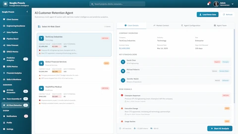 Illustrative preview (sample data, not verified outcomes): AI Customer Retention Agent - At-risk client selection with company overview, key stakeholders mapping, and risk signals including champion departure