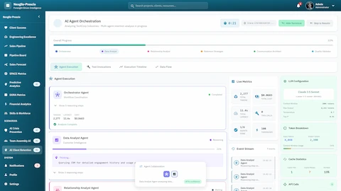 Illustrative preview (sample data, not verified outcomes): AI Agent Orchestration - Multi-agent workflow execution with live metrics, LLM configuration, event stream, and cache statistics monitoring