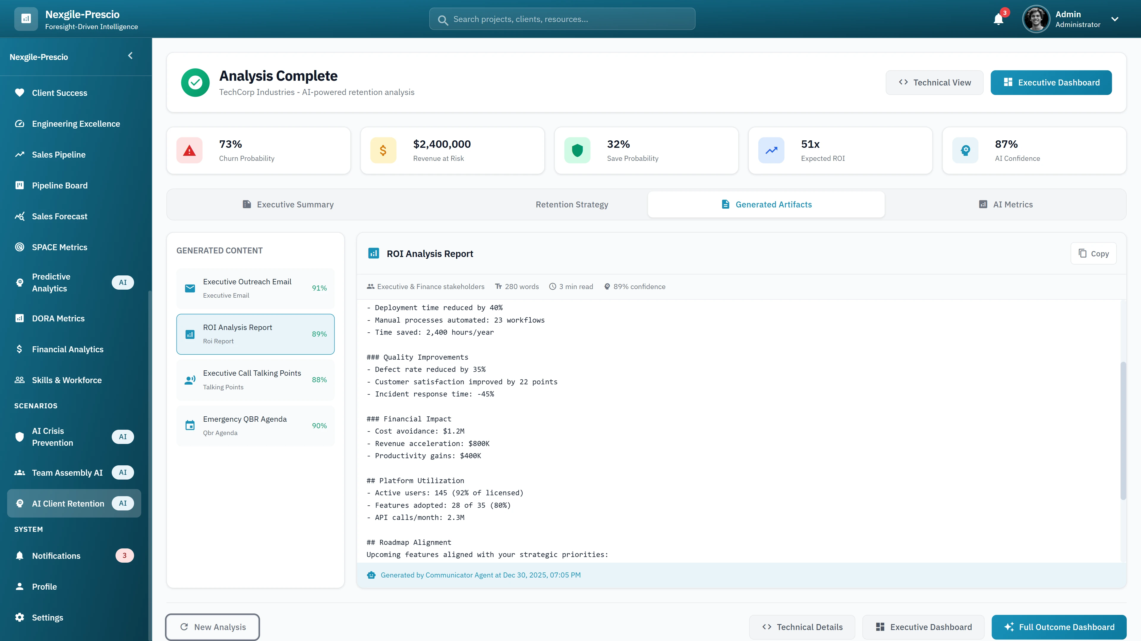 Illustrative preview (sample data, not verified outcomes): Generated Artifacts - AI-created retention deliverables including executive email, ROI analysis report, call talking points, and QBR agenda