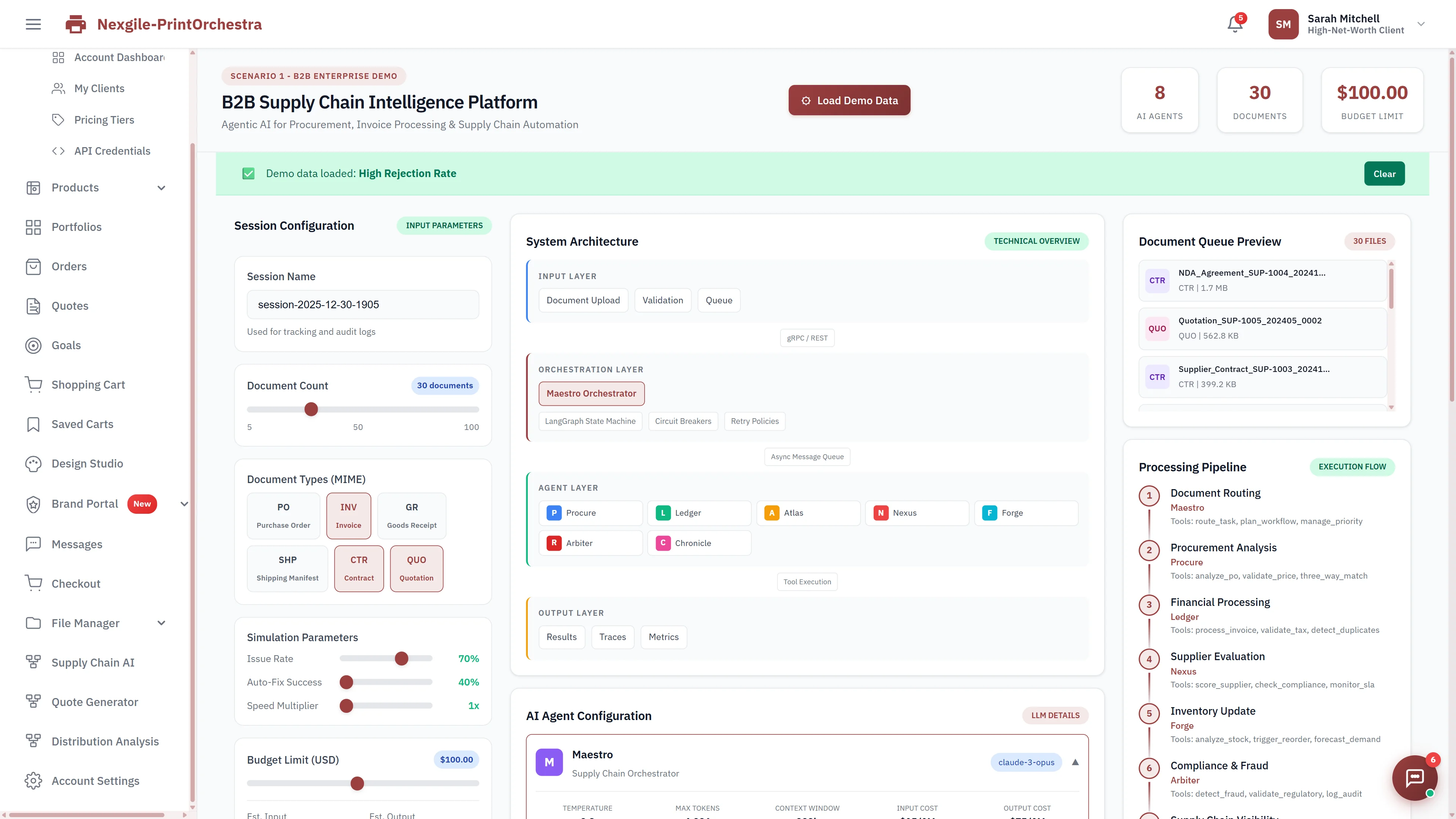 Illustrative preview (sample data, not verified outcomes): B2B Supply Chain Intelligence Platform session configuration showing 8 AI agents, document types (PO, Invoice, GR, Contract, Quotation), system architecture with orchestration and agent layers, and the processing pipeline workflow.
