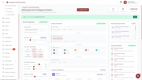 Illustrative preview (sample data, not verified outcomes): B2B Supply Chain Intelligence Platform session configuration showing 8 AI agents, document types (PO, Invoice, GR, Contract, Quotation), system architecture with orchestration and agent layers, and the processing pipeline workflow.