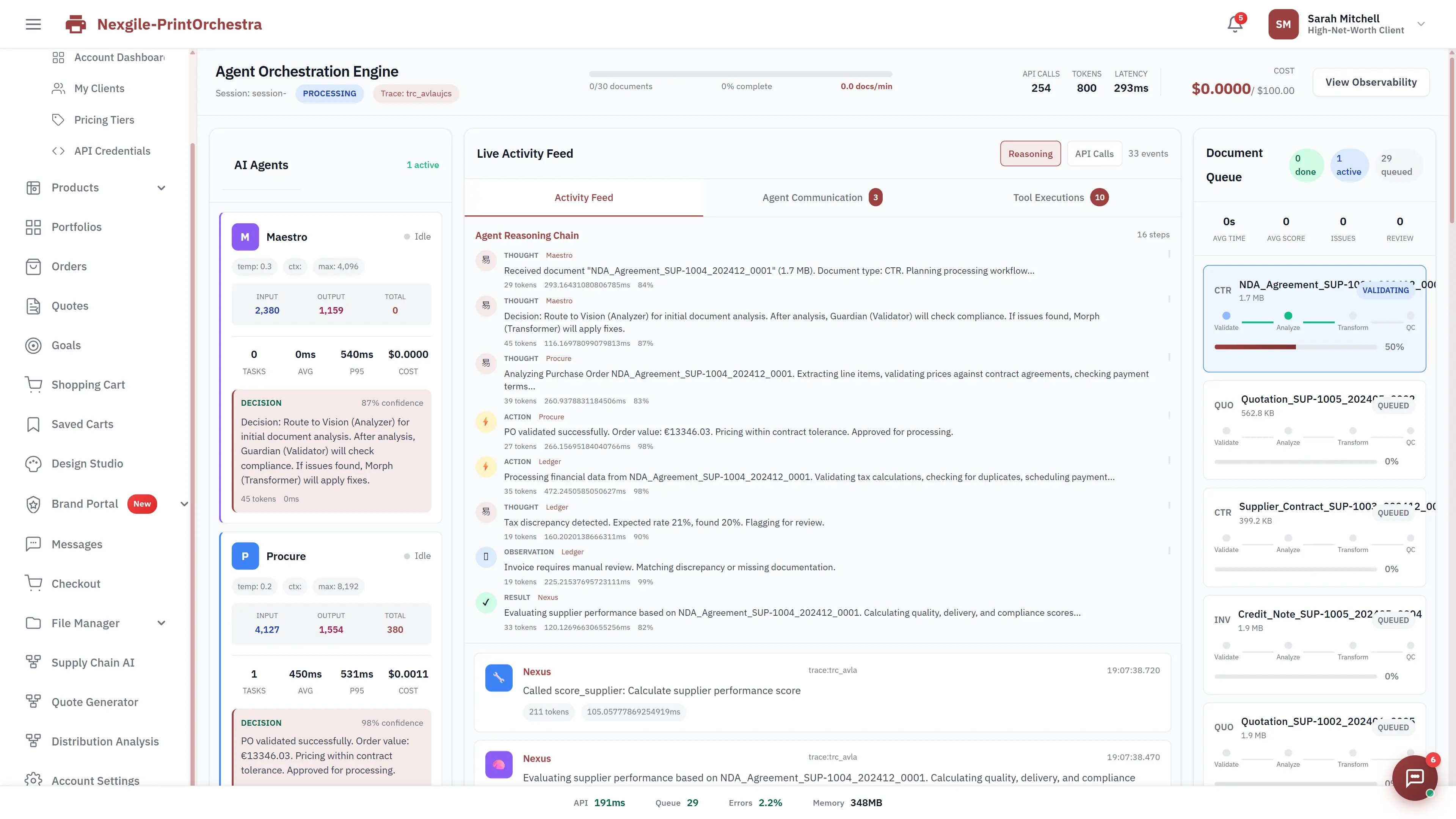 Illustrative preview (sample data, not verified outcomes): Agent Orchestration Engine displaying live activity feed with Maestro and Procure agents' reasoning chain, decision-making with confidence scores, document validation actions, and real-time document queue status.