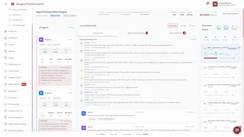Illustrative preview (sample data, not verified outcomes): Agent Orchestration Engine displaying live activity feed with Maestro and Procure agents' reasoning chain, decision-making with confidence scores, document validation actions, and real-time document queue status.