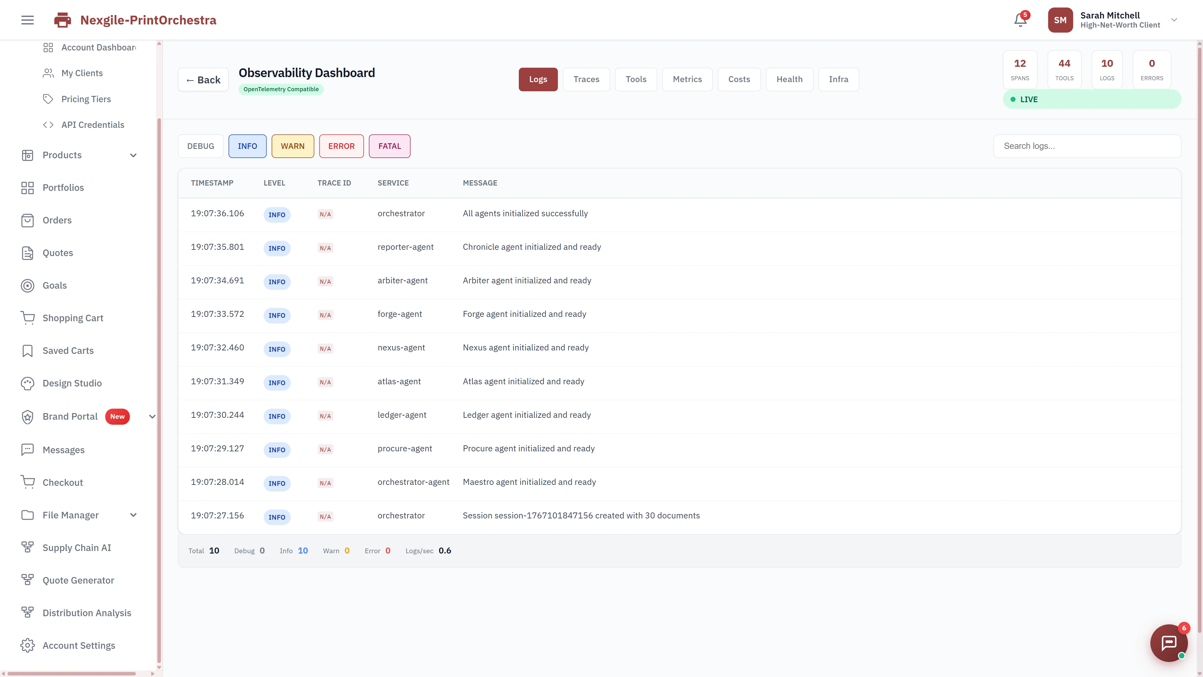 Illustrative preview (sample data, not verified outcomes): Observability Dashboard with OpenTelemetry compatibility showing system logs, agent initialization status, timestamps, trace IDs, and service messages for all 8 specialized agents.