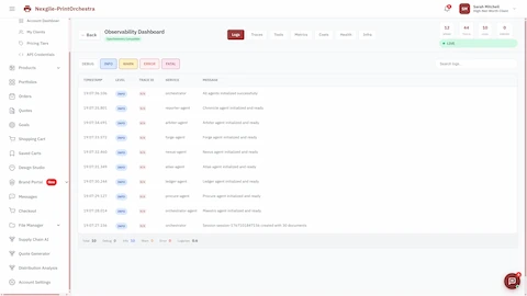 Illustrative preview (sample data, not verified outcomes): Observability Dashboard with OpenTelemetry compatibility showing system logs, agent initialization status, timestamps, trace IDs, and service messages for all 8 specialized agents.
