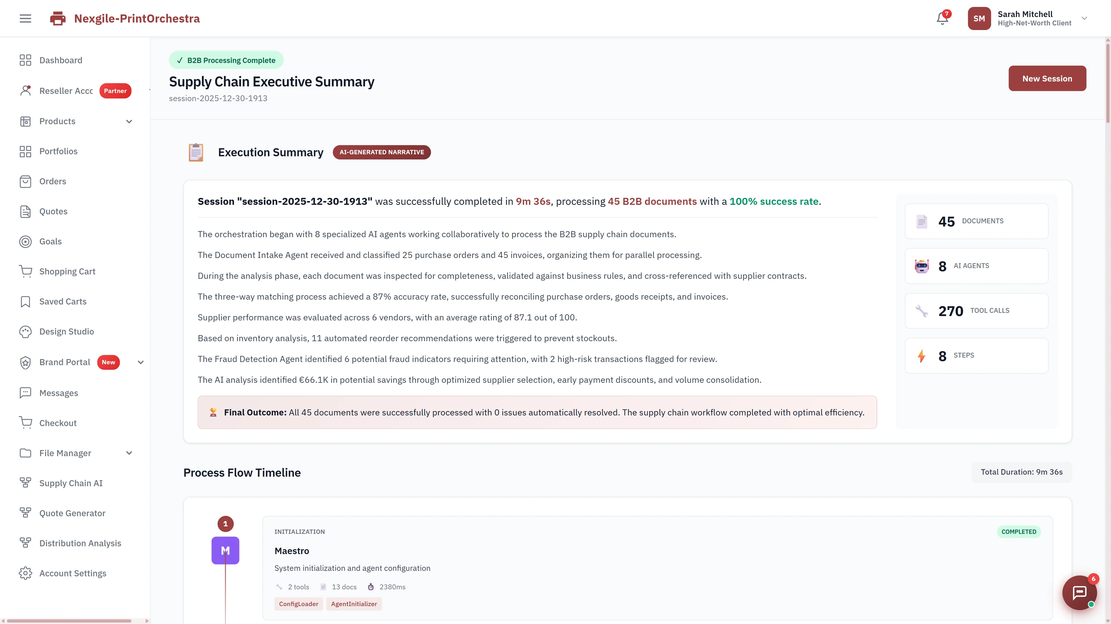 Illustrative preview (sample data, not verified outcomes): Supply Chain Executive Summary showing completed session with 45 B2B documents processed at 100% success rate, AI-generated narrative with key metrics, and process flow timeline.