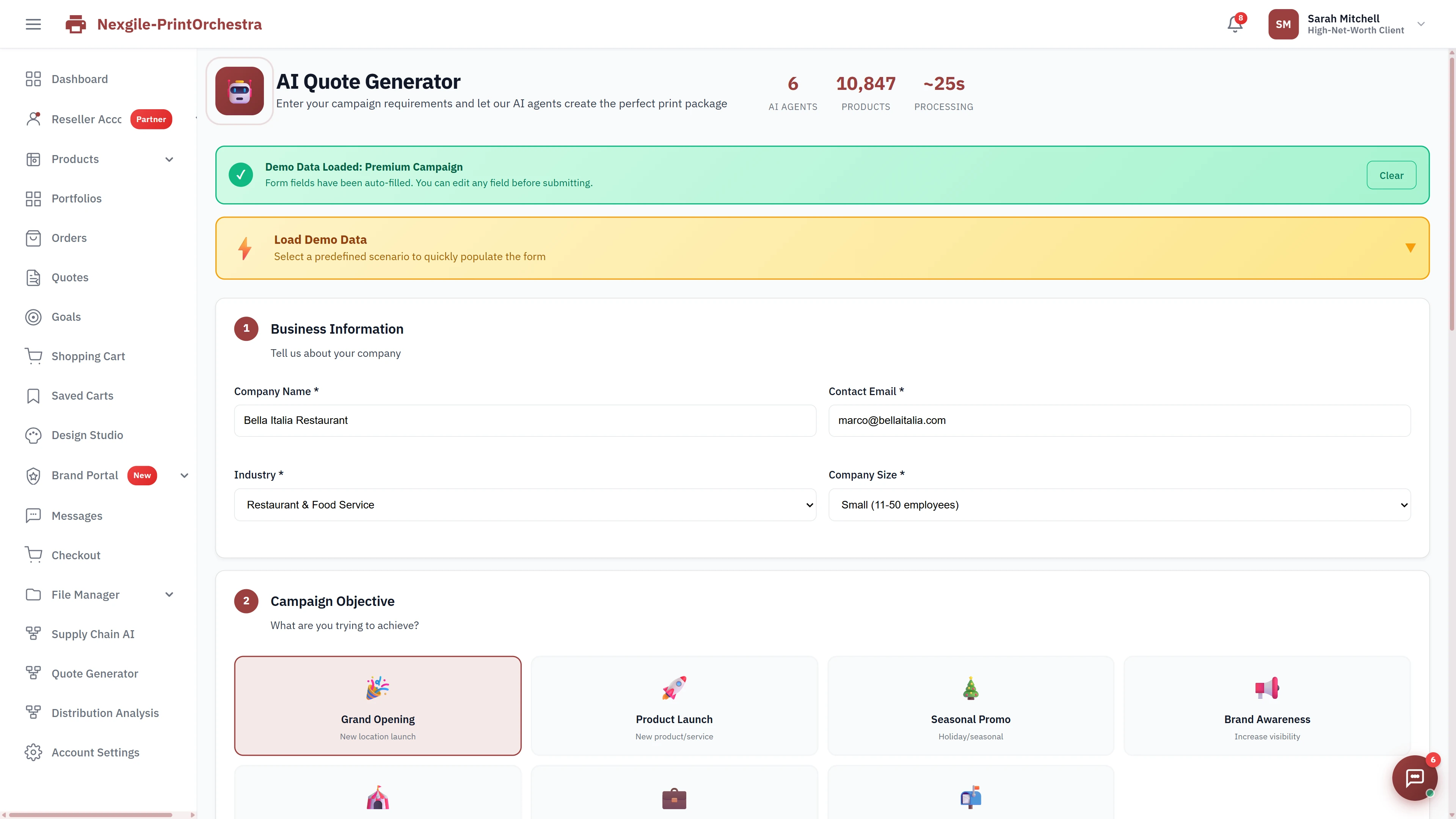 Illustrative preview (sample data, not verified outcomes): AI Quote Generator input form capturing business information (company name, industry, company size) and campaign objectives (Grand Opening, Product Launch, Seasonal Promo, Brand Awareness) with demo data loading capability.