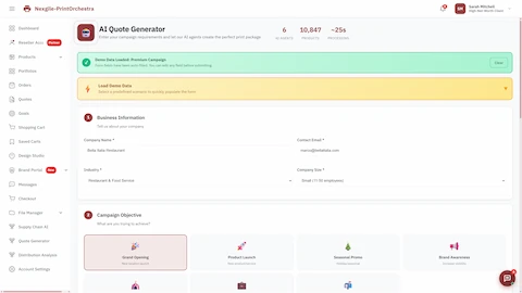 Illustrative preview (sample data, not verified outcomes): AI Quote Generator input form capturing business information (company name, industry, company size) and campaign objectives (Grand Opening, Product Launch, Seasonal Promo, Brand Awareness) with demo data loading capability.