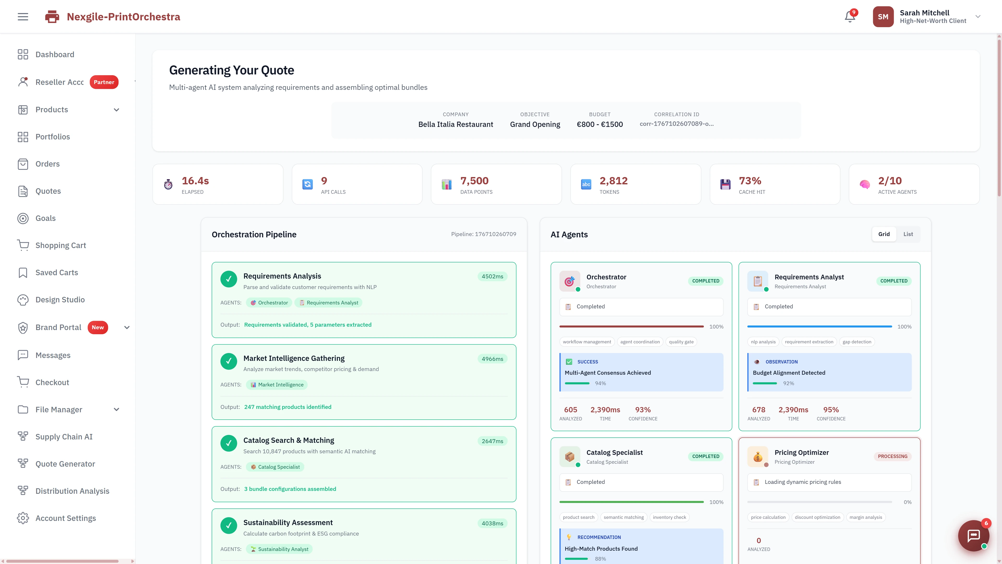 Illustrative preview (sample data, not verified outcomes): Multi-agent quote generation in progress showing orchestration pipeline stages (Requirements Analysis, Market Intelligence, Catalog Search, Sustainability Assessment) with real-time AI agent status and performance metrics.
