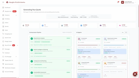 Illustrative preview (sample data, not verified outcomes): Multi-agent quote generation in progress showing orchestration pipeline stages (Requirements Analysis, Market Intelligence, Catalog Search, Sustainability Assessment) with real-time AI agent status and performance metrics.