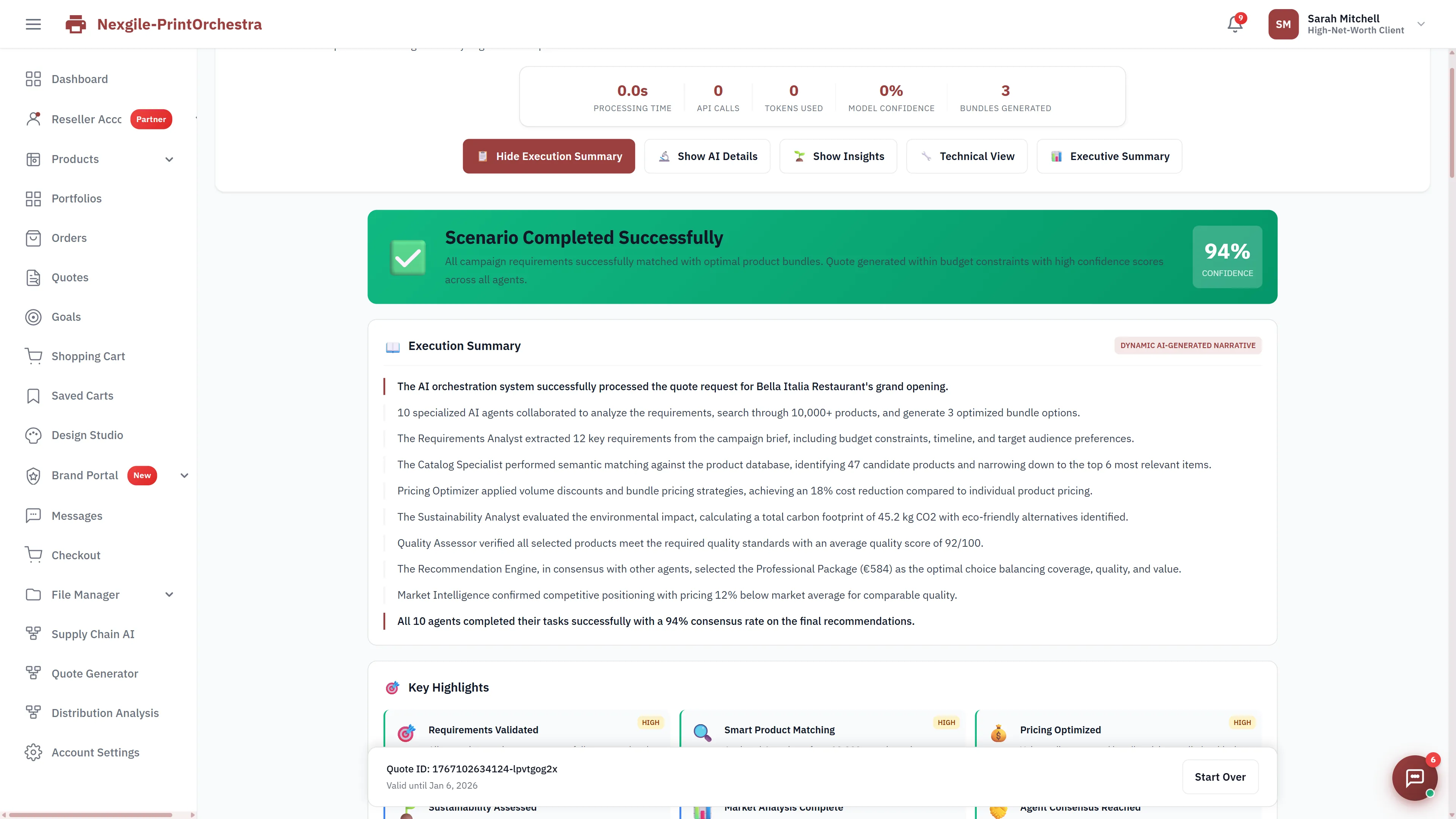 Illustrative preview (sample data, not verified outcomes): Scenario completed successfully with 94% confidence showing AI-generated execution summary, 10-agent collaboration results, key highlights for requirements validation, product matching, and pricing optimization.
