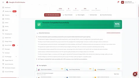 Illustrative preview (sample data, not verified outcomes): Scenario completed successfully with 94% confidence showing AI-generated execution summary, 10-agent collaboration results, key highlights for requirements validation, product matching, and pricing optimization.