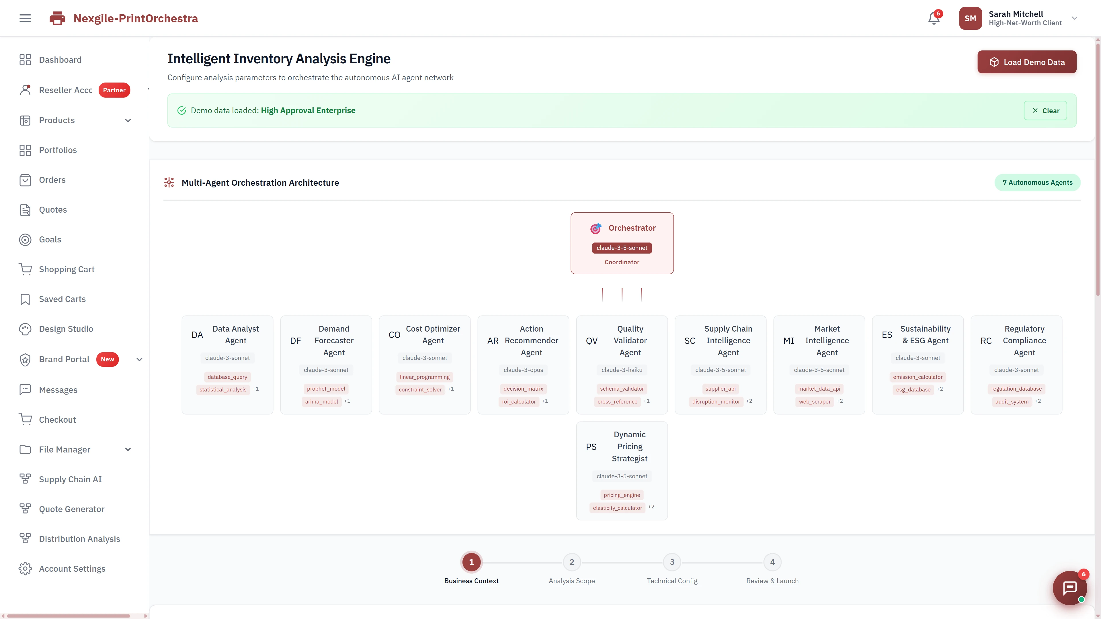Illustrative preview (sample data, not verified outcomes): Intelligent Inventory Analysis Engine configuration showing multi-agent orchestration architecture with 11 autonomous agents (Data Analyst, Demand Forecaster, Cost Optimizer, Supply Chain Intelligence, and more) powered by Claude AI models.