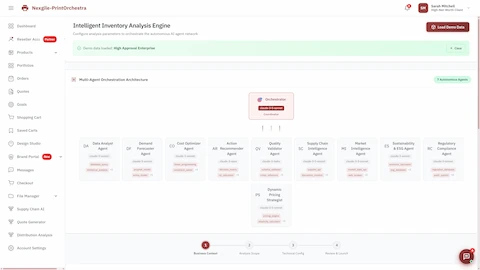 Illustrative preview (sample data, not verified outcomes): Intelligent Inventory Analysis Engine configuration showing multi-agent orchestration architecture with 11 autonomous agents (Data Analyst, Demand Forecaster, Cost Optimizer, Supply Chain Intelligence, and more) powered by Claude AI models.