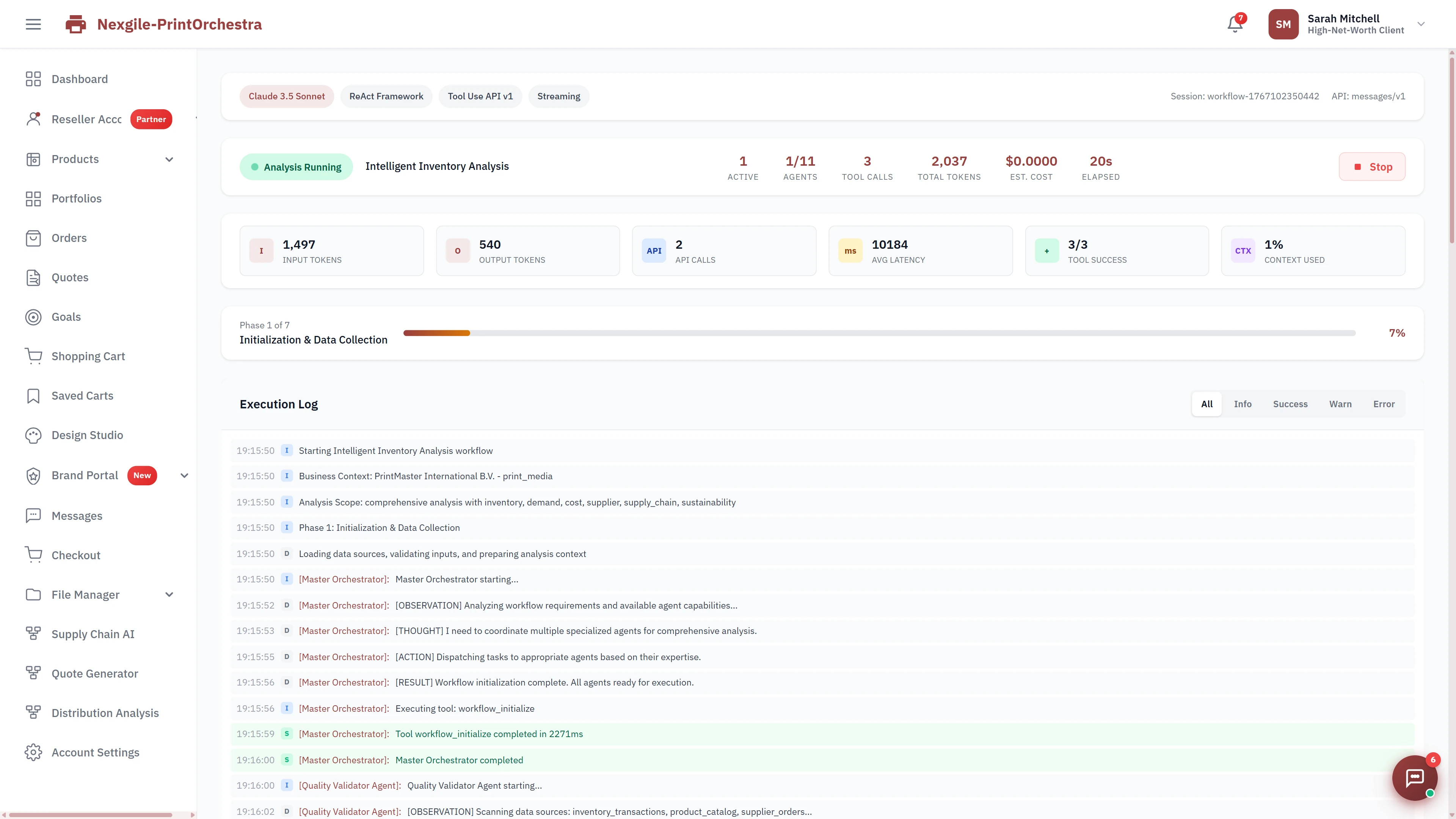 Illustrative preview (sample data, not verified outcomes): Analysis running view showing Phase 1 of 7 (Initialization & Data Collection) with live execution log, Master Orchestrator reasoning steps, and Quality Validator Agent processing inventory transactions and supplier data.
