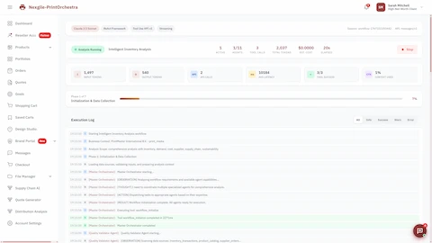 Illustrative preview (sample data, not verified outcomes): Analysis running view showing Phase 1 of 7 (Initialization & Data Collection) with live execution log, Master Orchestrator reasoning steps, and Quality Validator Agent processing inventory transactions and supplier data.