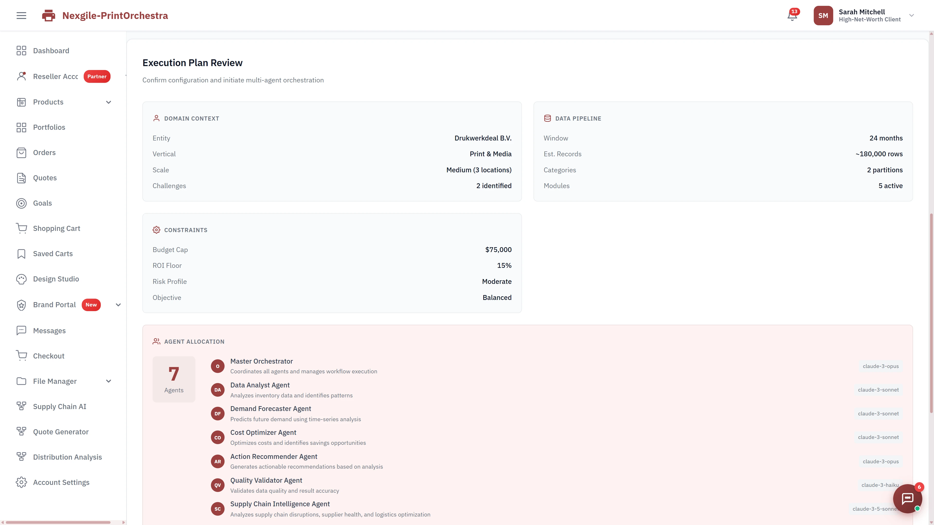 Illustrative preview (sample data, not verified outcomes): Execution Plan Review displaying domain context, data pipeline specifications (~180,000 rows), business constraints (budget cap, ROI floor, risk profile), and 7-agent allocation with their specialized roles and Claude model assignments.