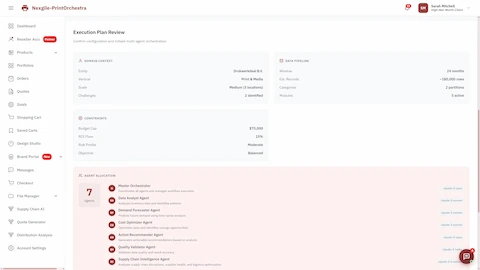 Illustrative preview (sample data, not verified outcomes): Execution Plan Review displaying domain context, data pipeline specifications (~180,000 rows), business constraints (budget cap, ROI floor, risk profile), and 7-agent allocation with their specialized roles and Claude model assignments.
