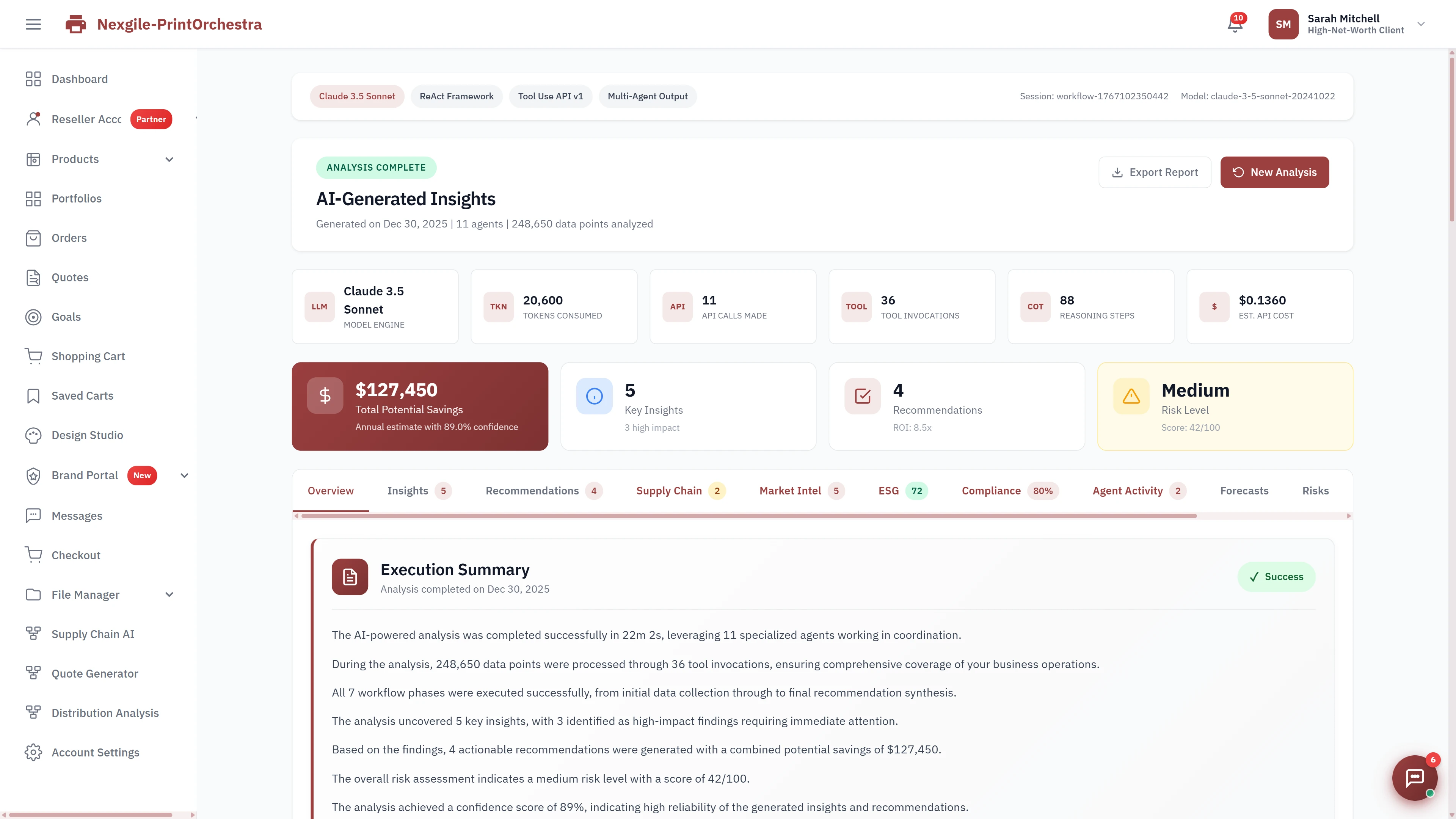 Illustrative preview (sample data, not verified outcomes): AI-Generated Insights dashboard showing analysis results with $127,450 potential savings identified, 5 key insights, 4 actionable recommendations, medium risk assessment, and comprehensive execution summary across 248,650 data points.