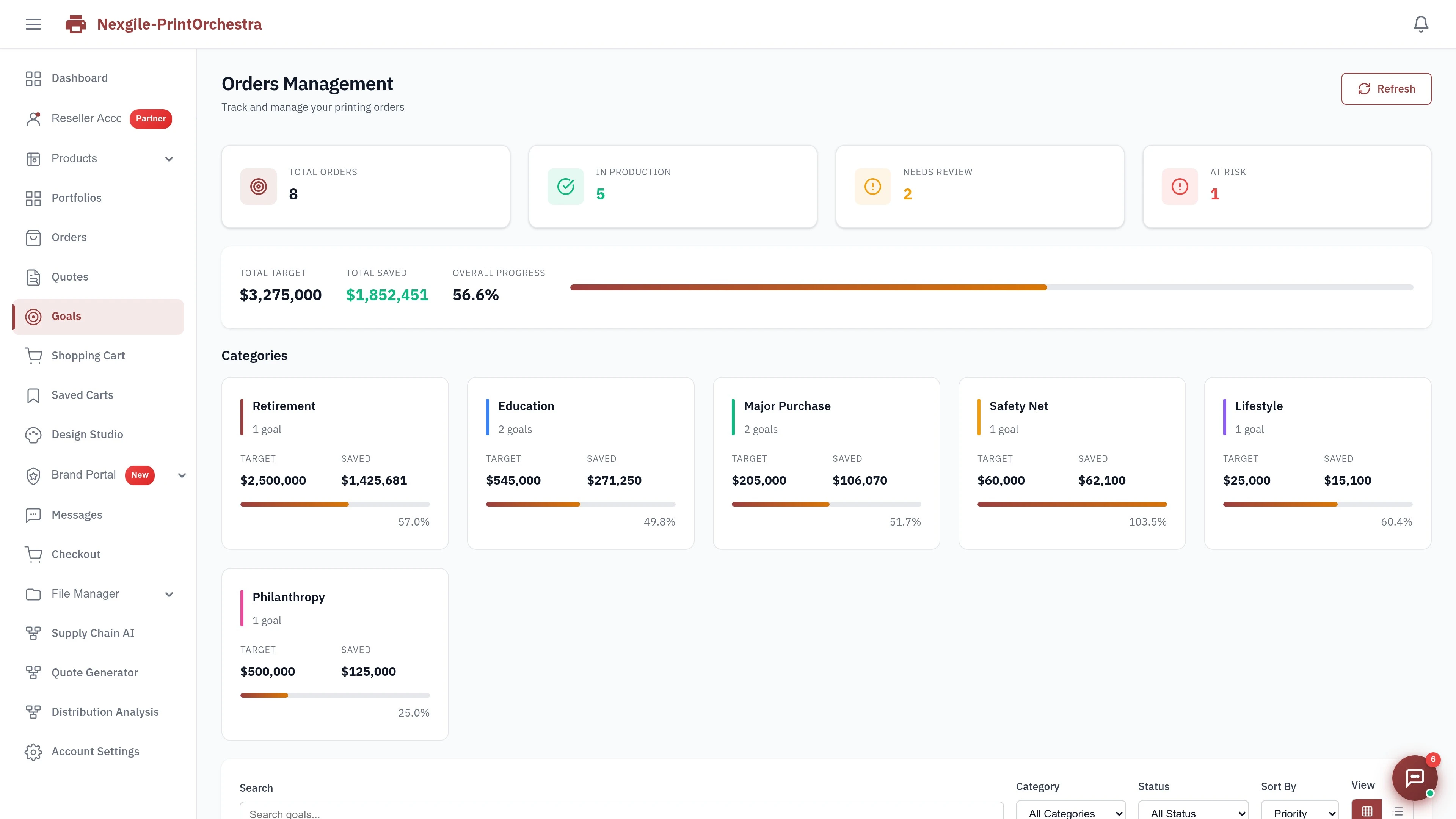Illustrative preview (sample data, not verified outcomes): Nexgile-PrintOrchestra Hub - Goals Page