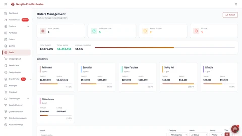 Illustrative preview (sample data, not verified outcomes): Nexgile-PrintOrchestra Hub - Goals Page