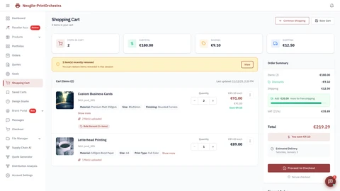 Illustrative preview (sample data, not verified outcomes): Nexgile-PrintOrchestra Hub - Shopping Cart Page
