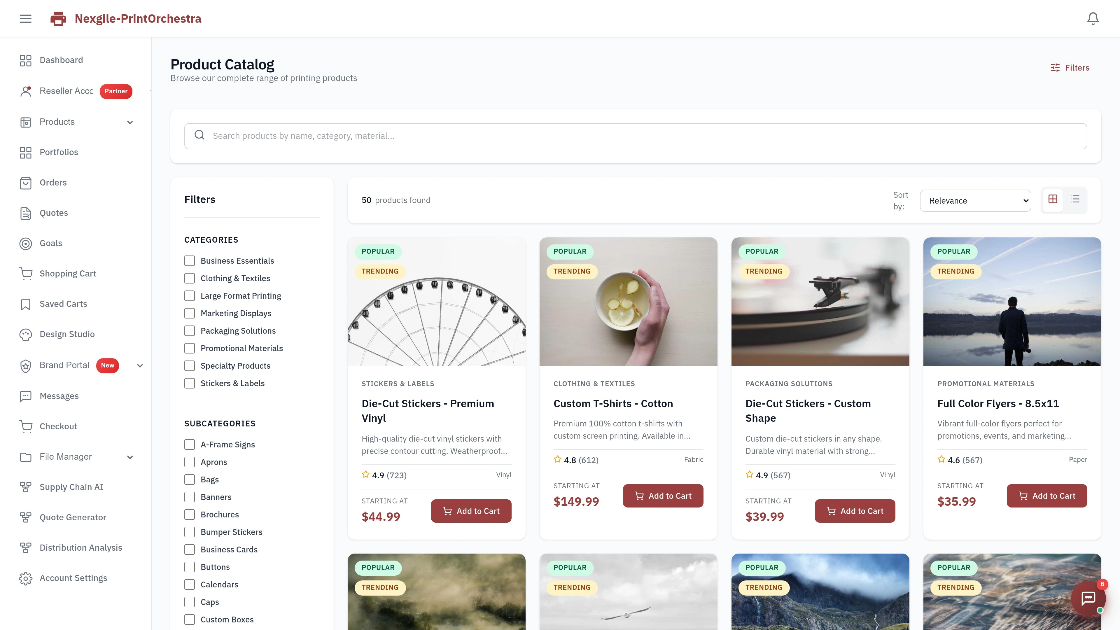 Illustrative preview (sample data, not verified outcomes): Nexgile-PrintOrchestra Hub - Products Catalog Page