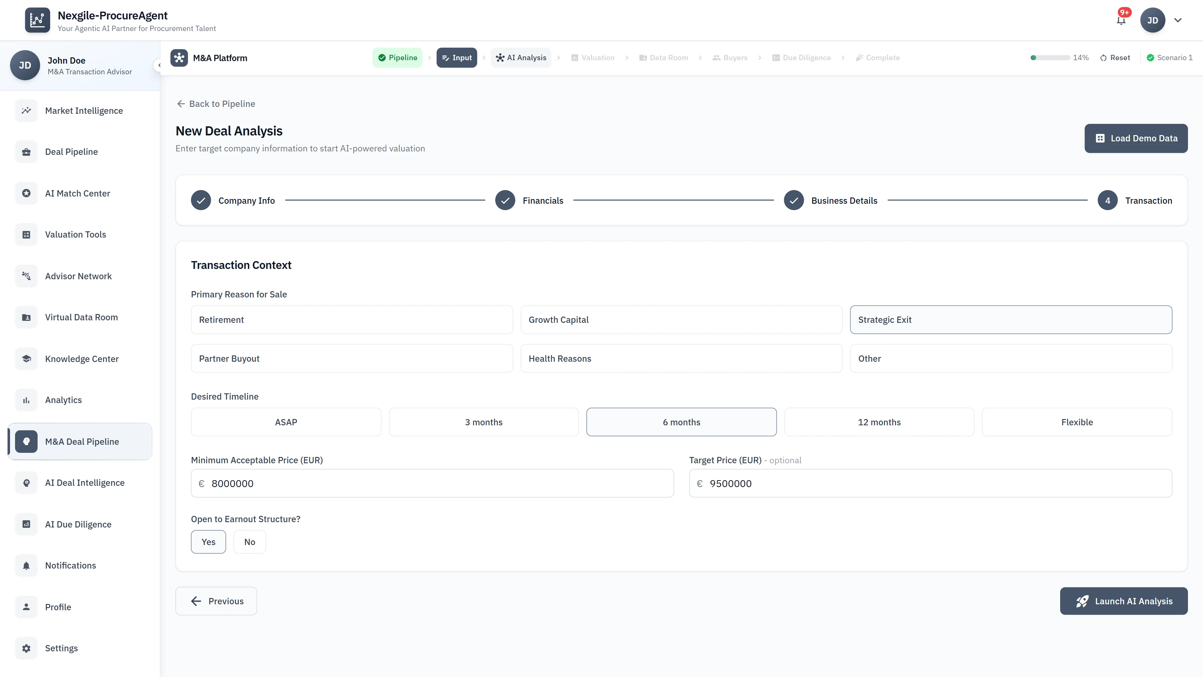 Illustrative preview (sample data, not verified outcomes): Deal Intake Form - Transaction context with sale reason, timeline preferences, and pricing parameters
